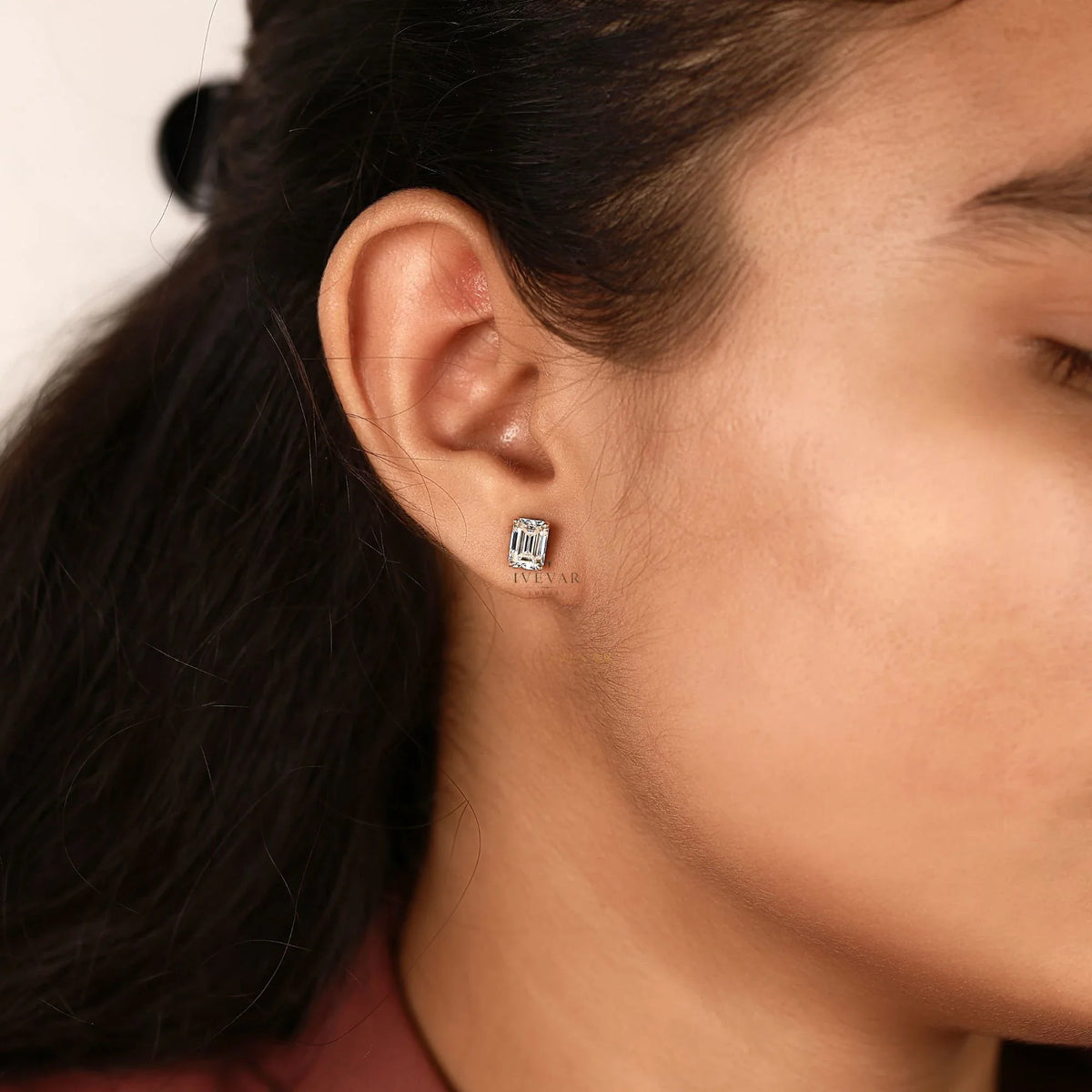 Emerald Cut Moissanite Diamond Stud Daily Wear Earring - View 5