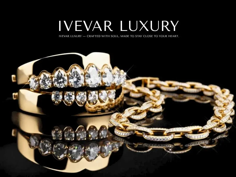 Gold jewelry set with rings and bracelet on a black background, featuring the brand 'IVEVAR LUXURY'.