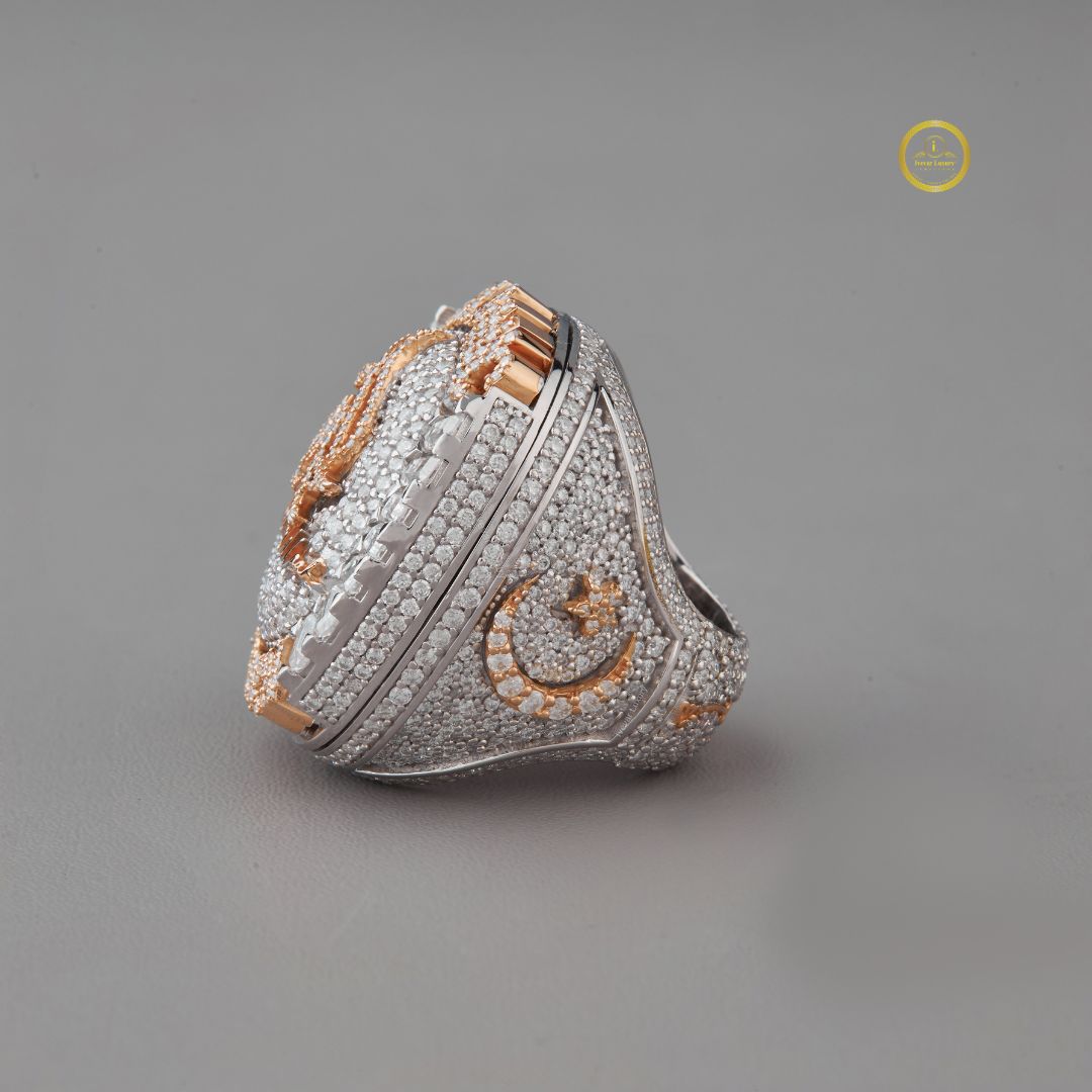 5.30 TCW Majestic Lab Diamond Encrusted Islamic Calligraphy Statement Ring with Emerald Halo Detailing - View 3