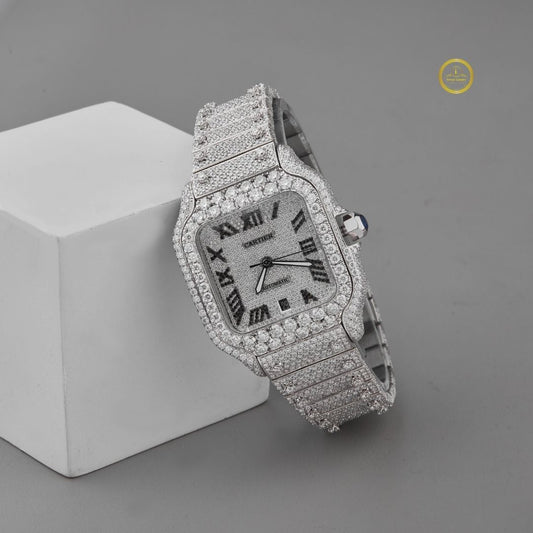 Magnificent Fully Iced-Out Moissanite Diamond Timepiece with Bold Black Roman Numerals and Exquisite Luxury Design