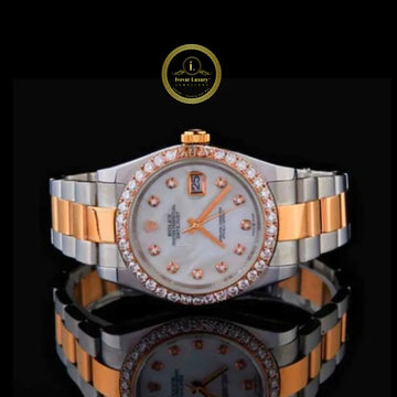 Round Cut Diamond Bezel Mother of Pearl Dial Two-Tone Bracelet Watch