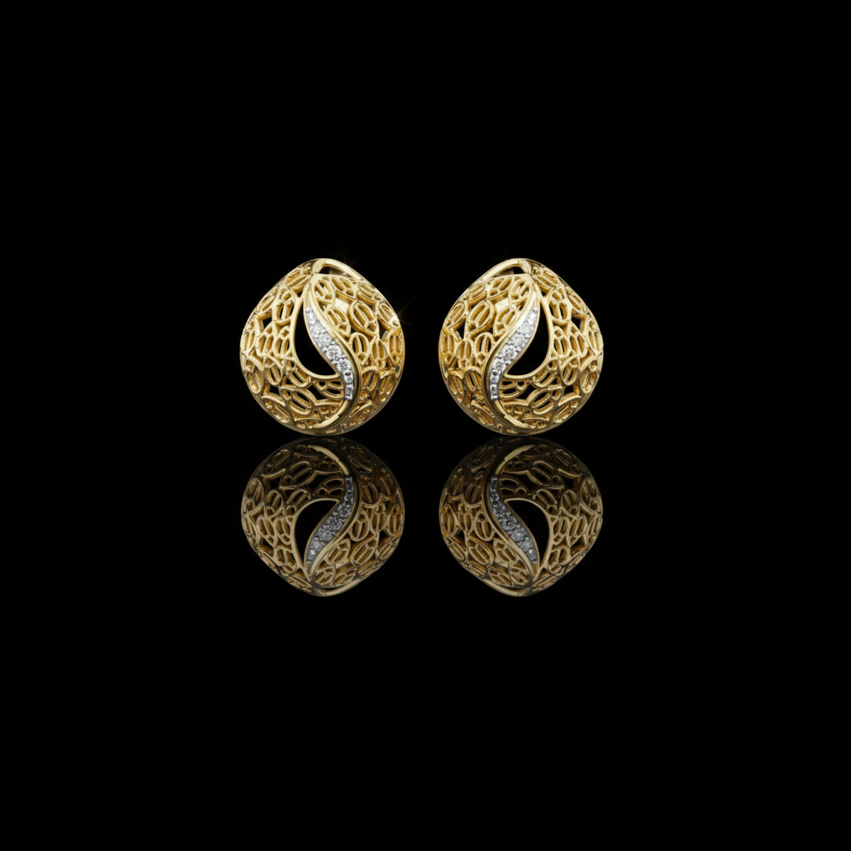 Artisan Filigree Wave Round Lab Diamond Stud Earrings with Curved Pave Accent