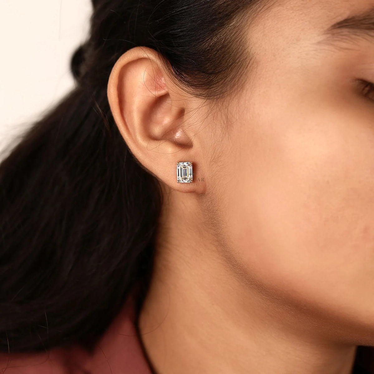 Emerald Cut Moissanite Diamond Stud Daily Wear Earring - View 6