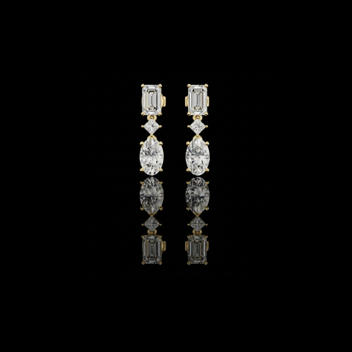 Three Stone Emerald Princess & Oval Moissanite Diamond Linear Drop Earrings