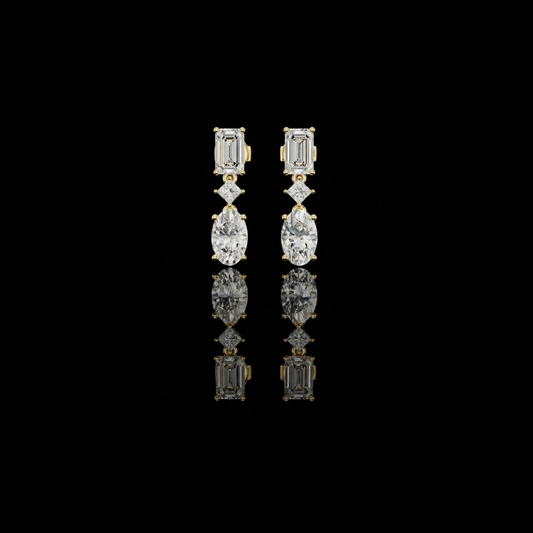 Three Stone Emerald Princess & Oval Moissanite Diamond Linear Drop Earrings