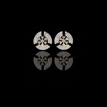 Crescent Round Lab Diamond Studs Accented With Multi Petal Floral Diamond Design