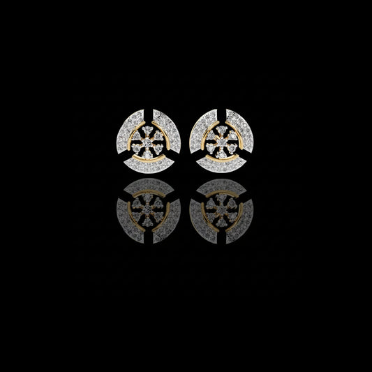 Crescent Round Lab Diamond Studs Accented With Multi Petal Floral Diamond Design