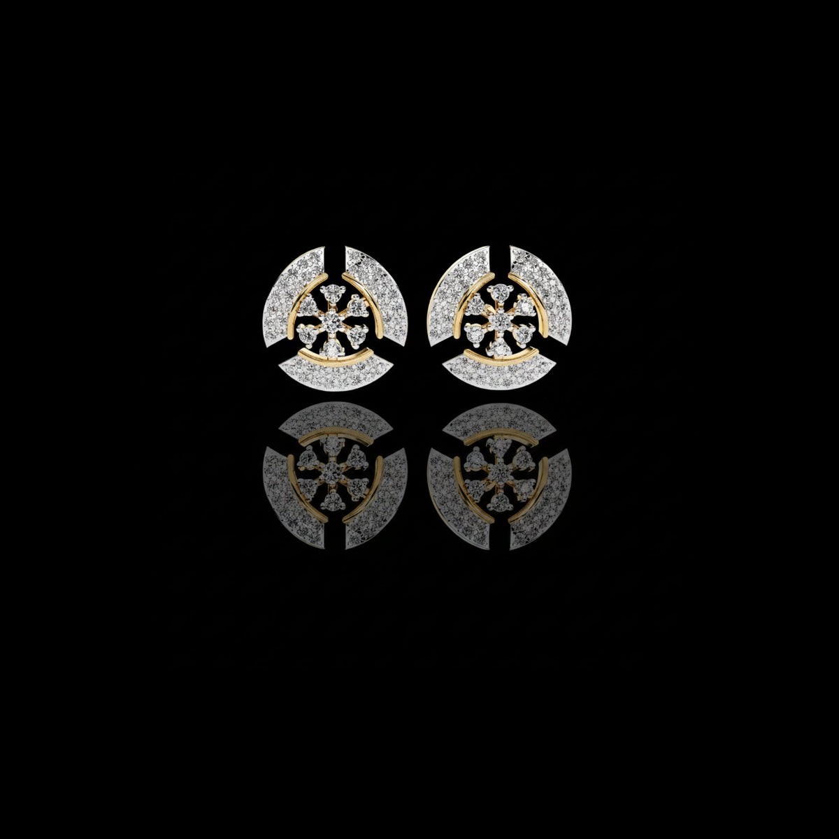 Crescent Round Moissanite Diamond Studs Accented With Multi Petal Floral Diamond Design