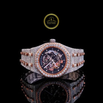 Full Iced Out Diamond Skeleton Watch with Open-Worked Dial & Two-Tone Finish