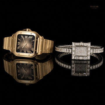 Executive Gold Square Dial And Crystal Watch Pair Collection By Ivevar