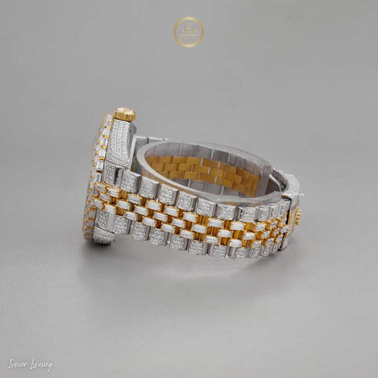 Imperial Gold and Silver Moissanite Diamond Encrusted Roman Luxury Timepiece with Full Pavé Dial and Baguette-Cut Detailing