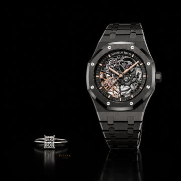 Ivevar Obsidian Prestige Duo  Skeleton Luxury Watch & Radiant Cut Moissanite Diamond Ring Set