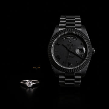 Black Signature Set Luxury Watch with Round Cut Moissanite Diamond Solitaire