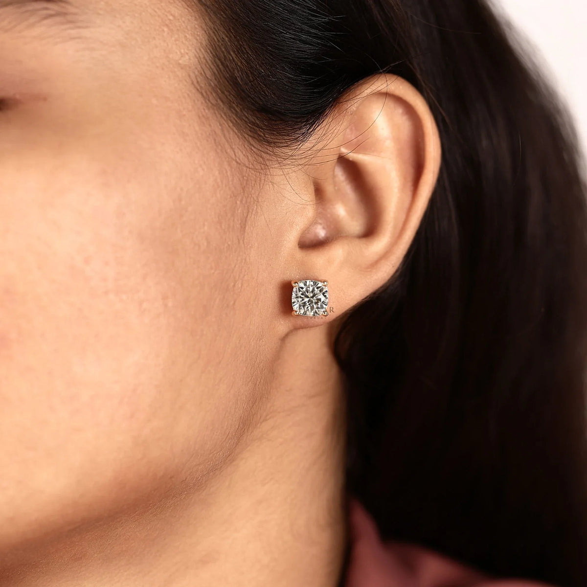 Cushion Cut Moissanite Diamond Solitaire Stud Earring - View 7