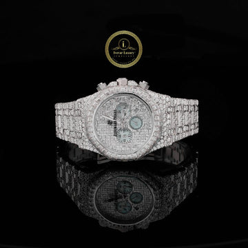 Full Iced Out Diamond Chronograph Watch with Baguette Bezel & Pavé Dial