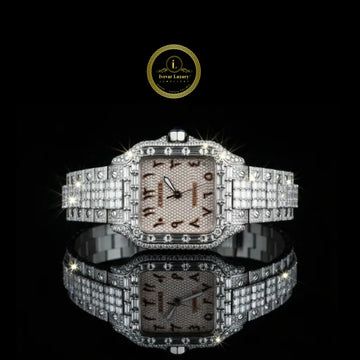 Full Iced Out Diamond Square Watch with Baguette Bezel & Stylized Numeral Dial
