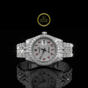 Full Iced Out Diamond Watch with Custom Red Arabic Letter Dial & Diamond Bezel