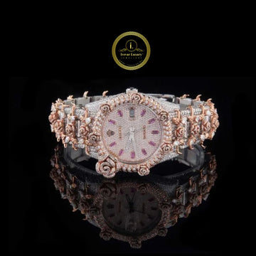 Full Iced Out Diamond Watch with Floral Scroll Bezel & Pink Baguette Dial Markers