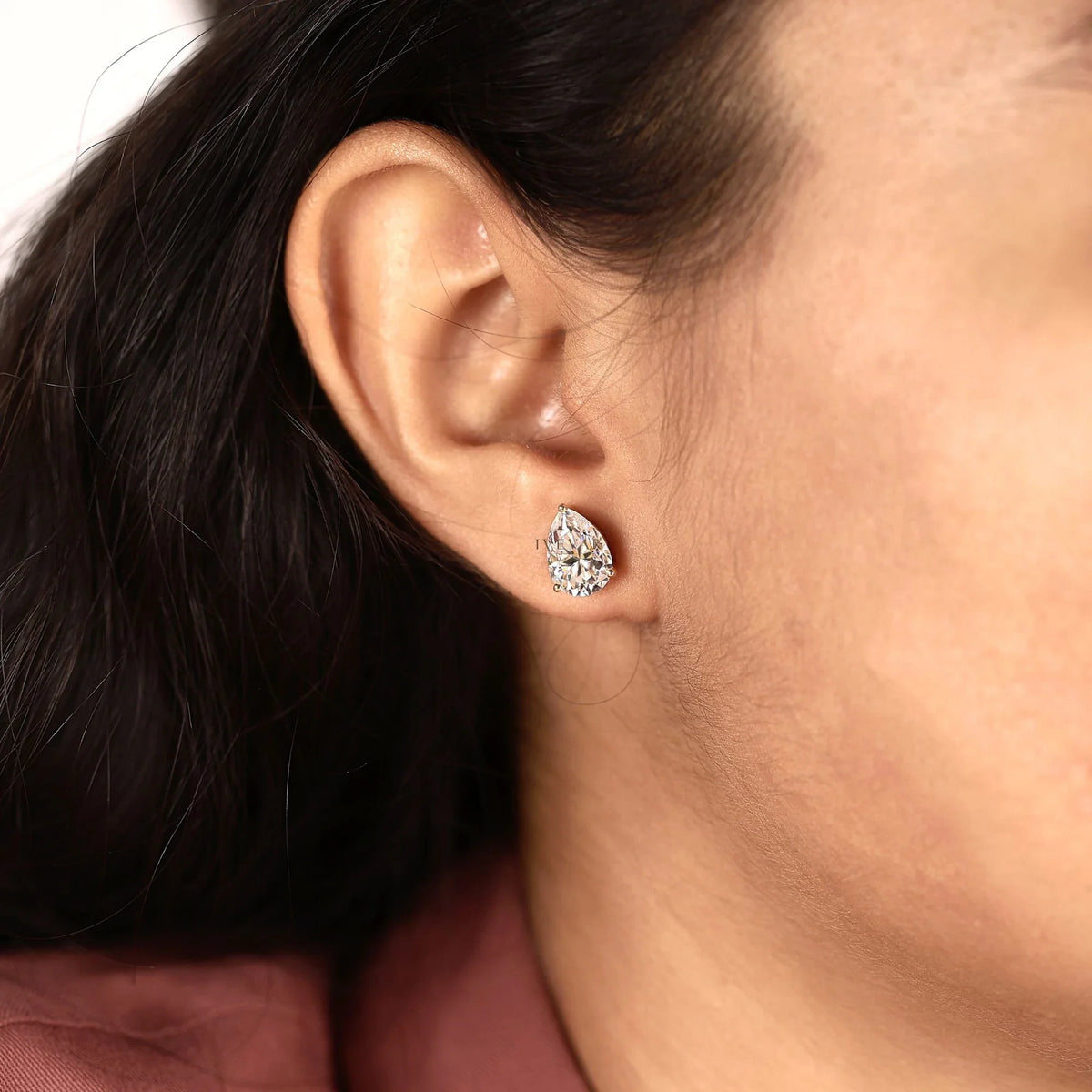 Teardrop Pear Cut Solitaire Moissanite Diamond Stud Earring - View 8