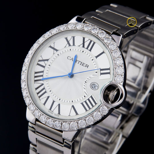 Elegant Round Luxury Timepiece with Moissanite Diamond-Set Bezel, Roman Numeral Dial, and Stainless Steel Bracelet