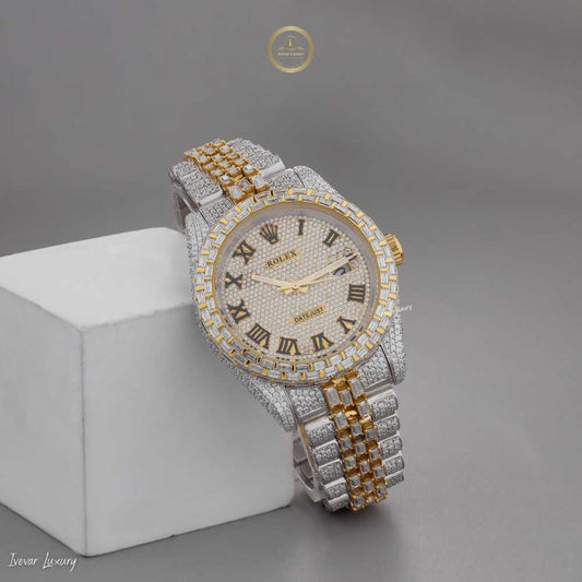 Imperial Gold and Silver Moissanite Diamond Encrusted Roman Luxury Timepiece with Full Pavé Dial and Baguette-Cut Detailing
