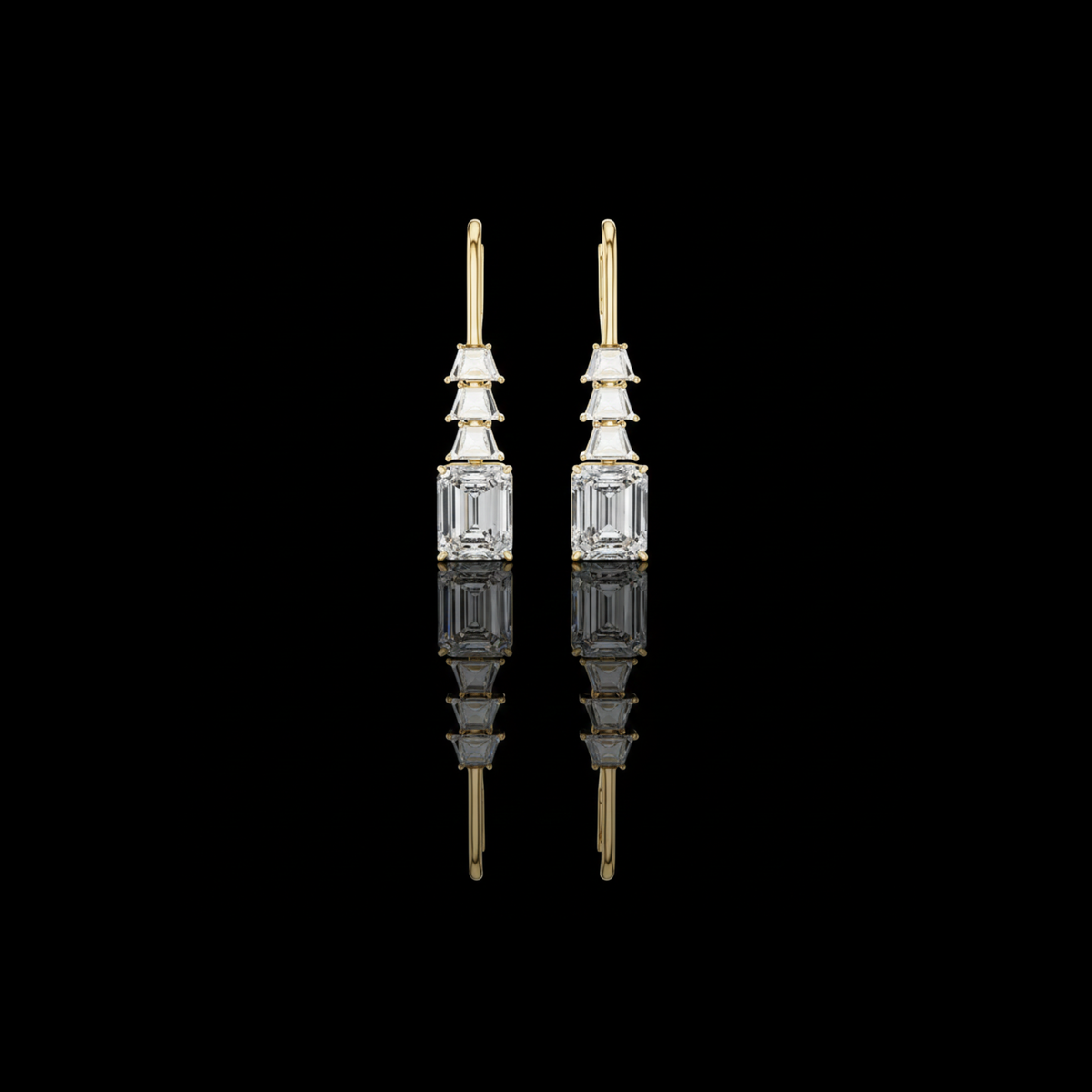 Tiered Step Emerald Cut Lab Diamond Drop Earrings Graduated Pyramid Design