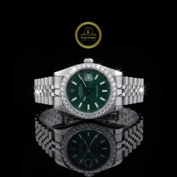 Round Cut Moissanite Diamond Bezel Green Dial Date just Style Watch with Jubilee Bracelet