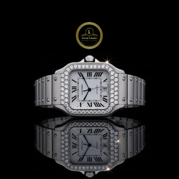 Round Cut Diamond Bezel Santos Style Roman Numerals Watch with Screw Link Bracelet