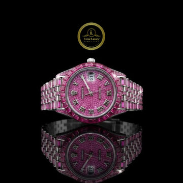 Full Iced Out Pink Diamond Watch with Baguette Pink Bezel & Roman Dial