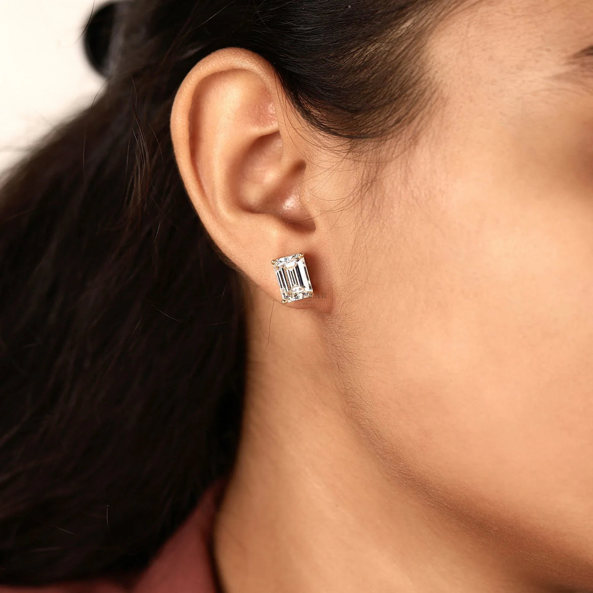Emerald Cut Moissanite Diamond Stud Daily Wear Earring - View 9