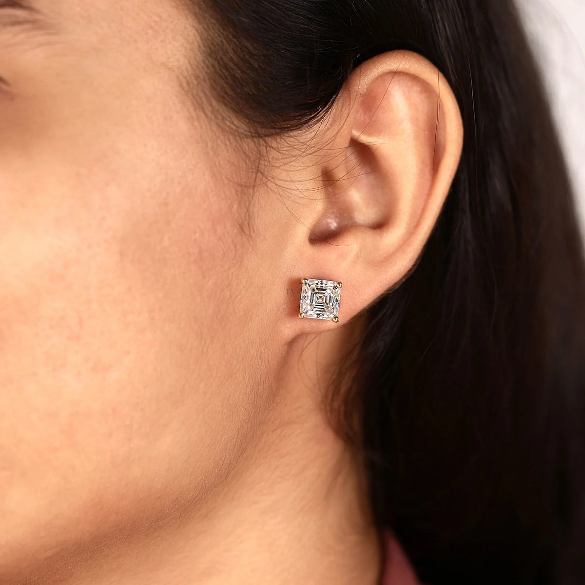 Asscher Cut Moissanite Diamond Solitaire Women's Earring - View 9