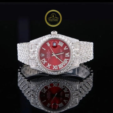 Full Iced Out Diamond Day-Date Watch with Red Sunburst Dial & Diamond Roman Numerals