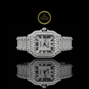 Full Iced Out Diamond Square Watch with Roman Dial & Date Display