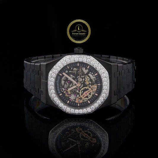 Luxury Black Skeleton And Ice Blue Crystal Watch Set Men's Watch Collection By Ivevar