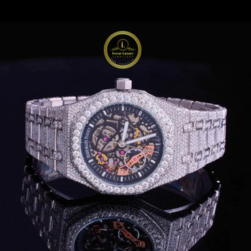 Full Iced Out Diamond Skeleton Watch with Open-Work Dial & Pave Link Band
