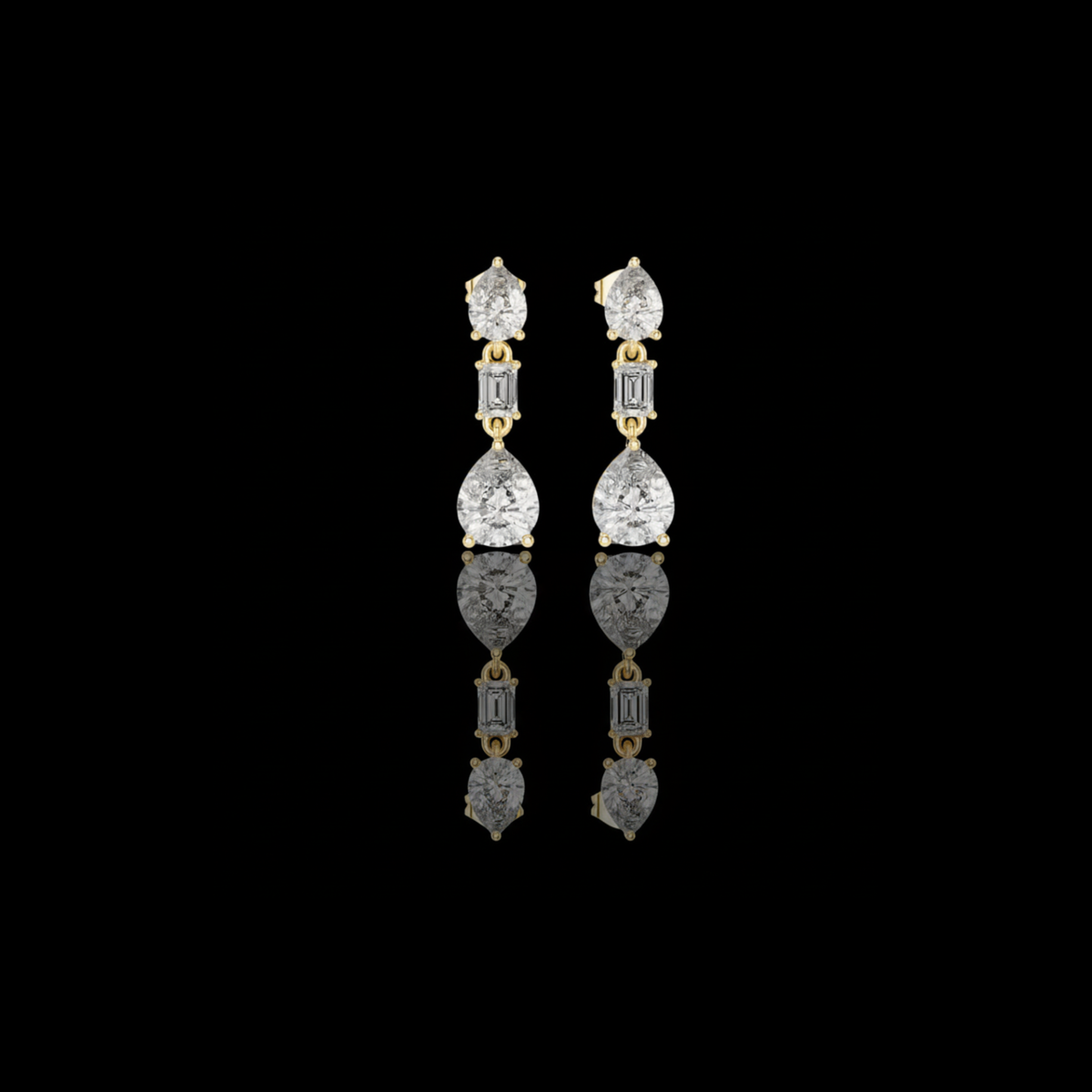 Three Stone Pear & Emerald Cut Lab Diamond Drop Stud Earrings with Vertical Design