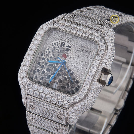 Opulent Moissanite Diamond-Encrusted Timepiece with Artistic Panther Motif and Precision Stainless Steel Design