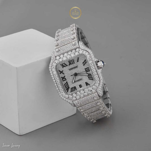 Magnificent Fully Iced-Out Lab Grown Diamond Timepiece with Bold Black Roman Numerals and Exquisite Luxury Design