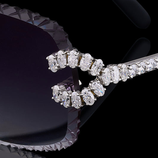 Oval Cut Diamond Premium Crystal Studded Rimless Sunglasses with Luxury Diamond Inspired Detailing