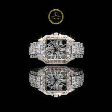 Luxurious Skeleton Lab Grown Diamond Timepiece with Baguette-Cut Detailing and Transparent Mechanical Design