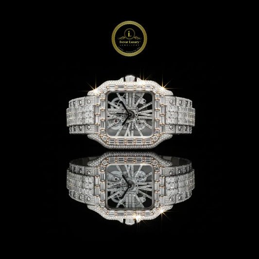 IVEVAR Heritage Collection Classic Rose Gold And Stainless Steel Skeleton Moissanite Baguette Diamond Design