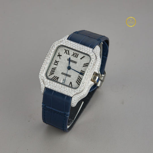 Elegant Lab Grown Diamond-Set Square Luxury Watch with Blue Leather Strap and Roman Numeral Dial