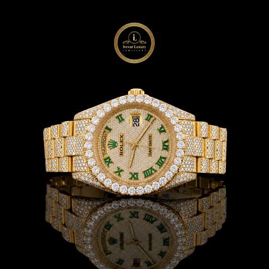 Full Iced Out Yellow Gold Calendar Watch with Green Roman Numeral Diamond Dial