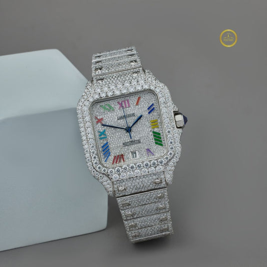 Exquisite Fully Iced-Out Moissanite Diamond Luxury Timepiece with Vibrant Multicolor Roman Numerals and Brilliant Diamond Detailing