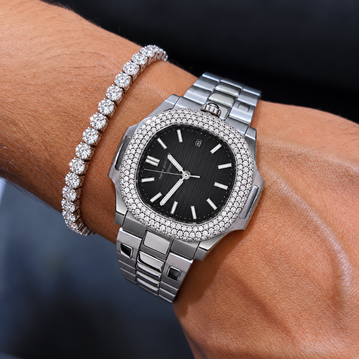 Iced Out Black Dial Watch & Diamond Tennis Bracelet Set