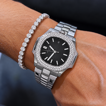 Iced Out Black Dial Watch & Diamond Tennis Bracelet Set