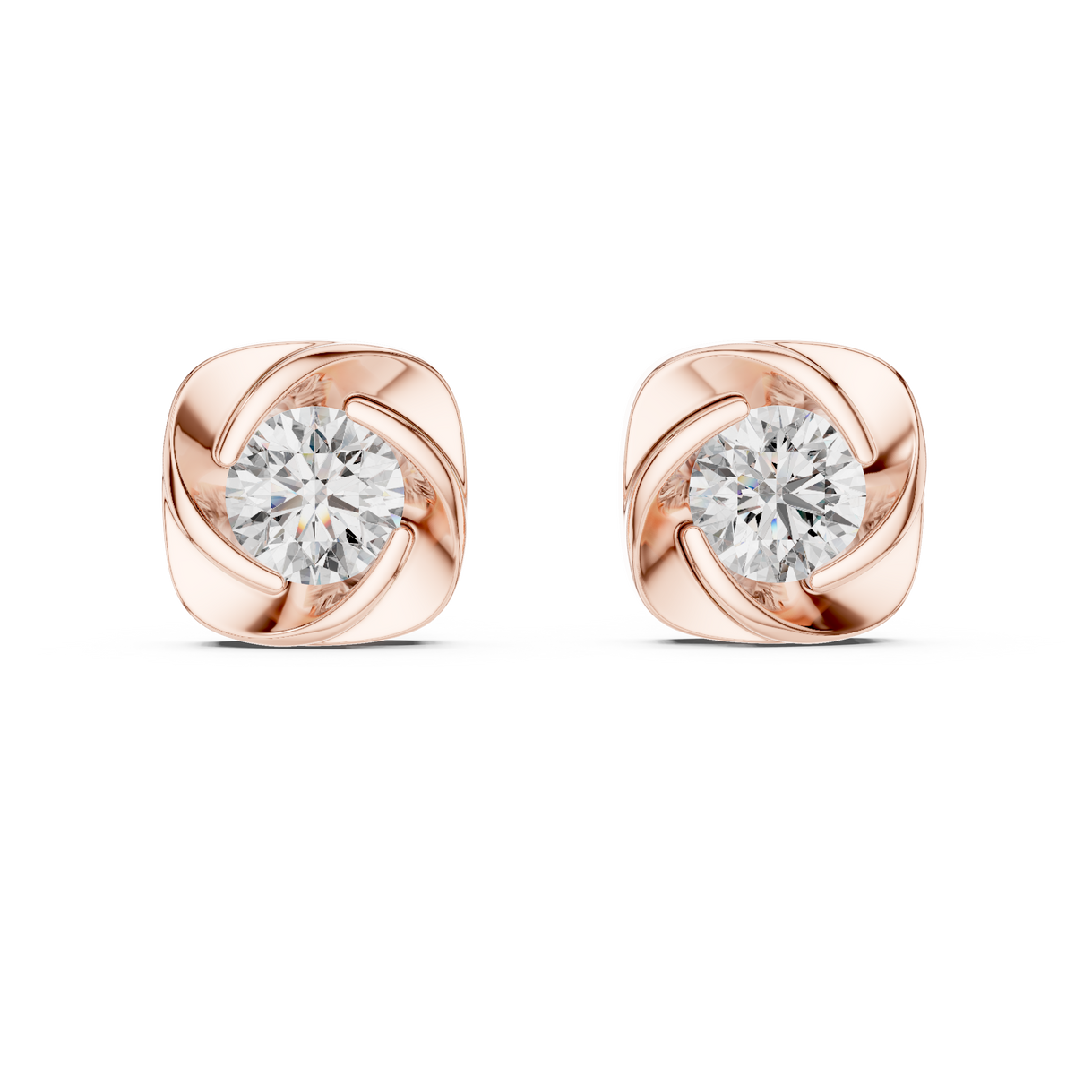 Round Brilliant Moissanite Diamond Solitaire Stud Earrings Swirl Cushion Vortex Frame - View 2