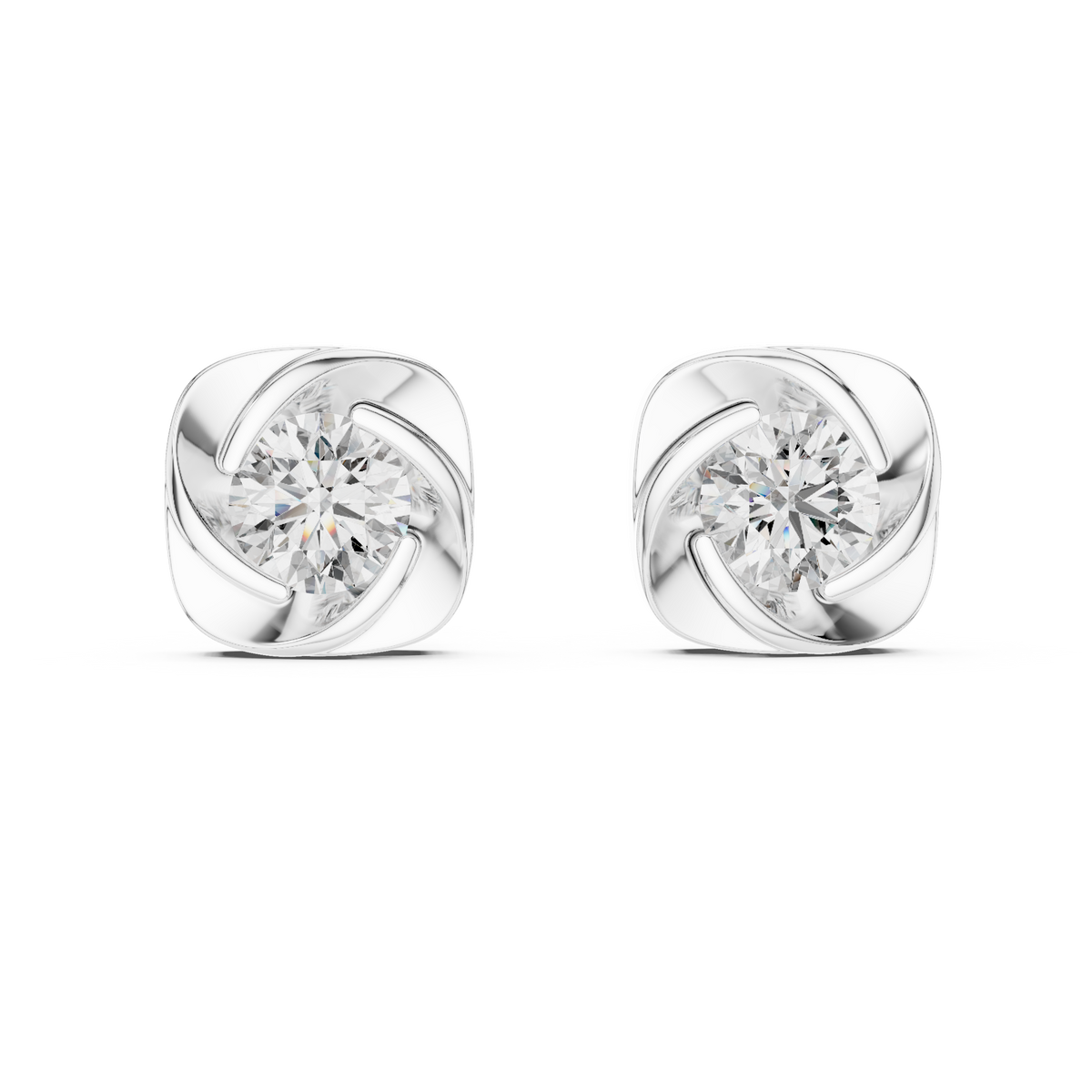 Round Brilliant Moissanite Diamond Solitaire Stud Earrings Swirl Cushion Vortex Frame - View 3