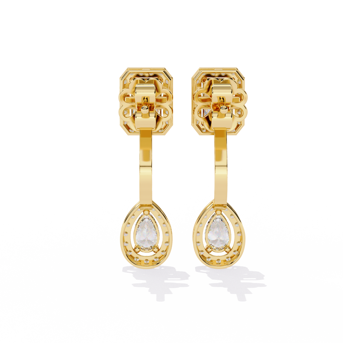 Sophisticated Emerald Halo Top with Pear Halo Drop Lab Diamond Earrings in Gold - View 9