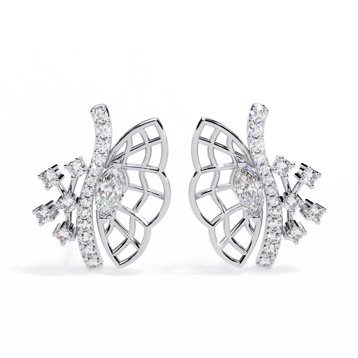 Butterfly Grace Lab Diamond Marquise Cut Stud Earrings with Round Side Stones - View 3